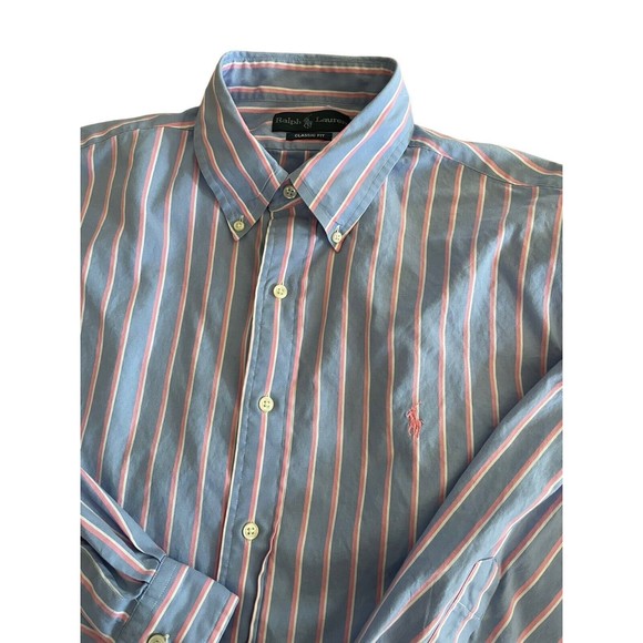 Ralph Lauren Mens Button Up Shirt Size 17 Neck 32/33 Sleeve Blue Pink Stripe - Picture 4 of 7